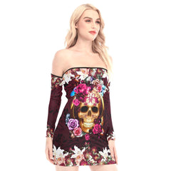 Wine Berry Flower Skull Off-shoulder Back Lace-up Dress - Wonder Skull