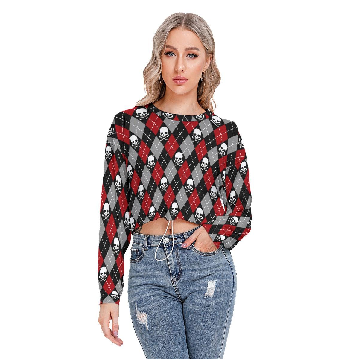 Argyle Skull Long Sleeve Sweatshirt With Hem Drawstring - Wonder Skull