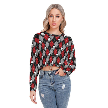 Argyle Skull Long Sleeve Sweatshirt With Hem Drawstring - Wonder Skull