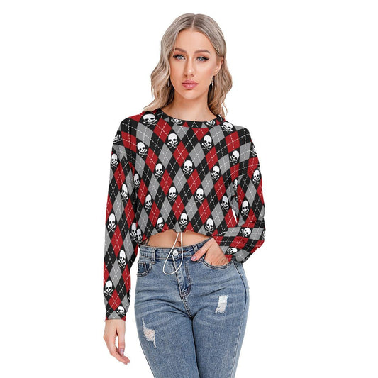 Argyle Skull Long Sleeve Sweatshirt With Hem Drawstring - Wonder Skull