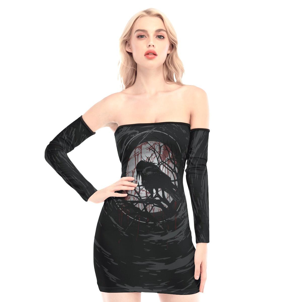 Dark Raven Art Off-shoulder Back Lace-up Dress - Wonder Skull