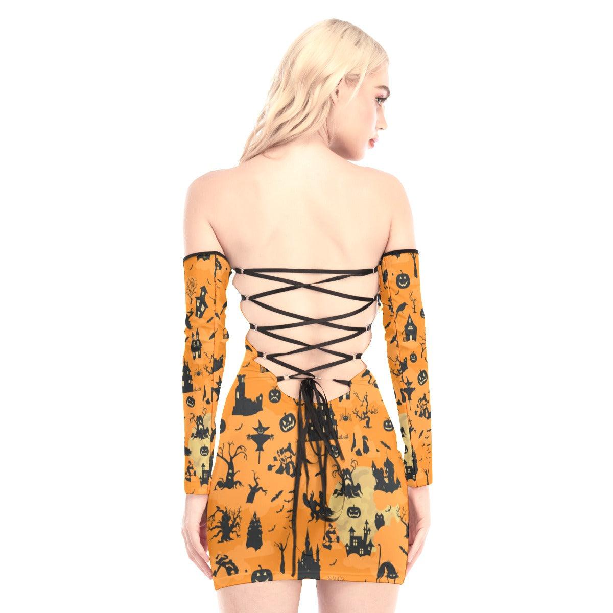 Halloween Art Off-shoulder Back Lace-up Dress - Wonder Skull