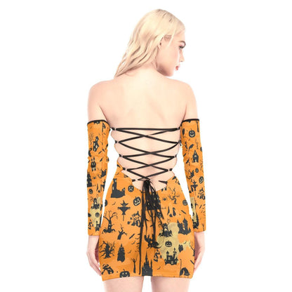 Halloween Art Off-shoulder Back Lace-up Dress - Wonder Skull