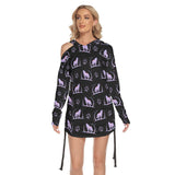 Wolf Pawn Pattern All Over Print Women One Shoulder Dress With Waist Shirring, Long Hoodie For Women - Wonder Skull