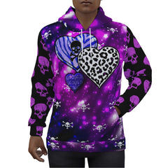 Violet White Skull Heart Print Unisex Pullover Hoodie-Wonder Skull