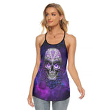 Purple Sugar Skull Rose Criss-Cross Open Back Tank Top, Trending T-Shirt For Women - Wonder Skull