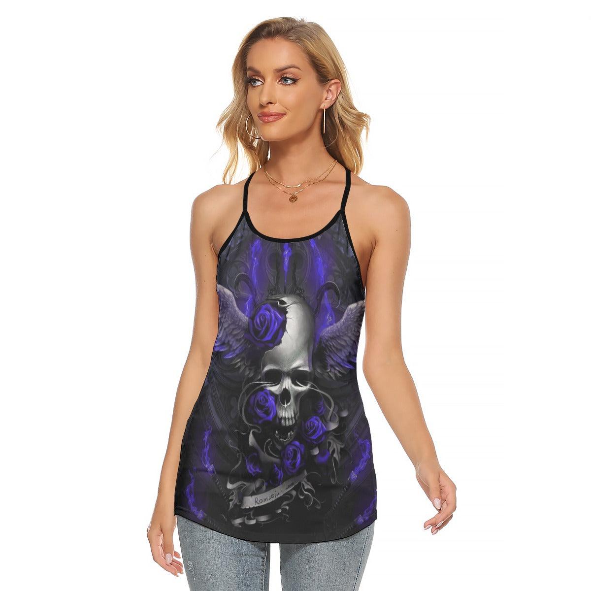 Angel Skull Gothic Rose Criss-Cross Open Back Tank Top, Coolest T-Shirt For Women - Wonder Skull