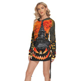 Halloween Witchy Pumpkin All Over Print Women One Shoulder Dress With Waist Shirring, Long Hoodie For Women - Wonder Skull