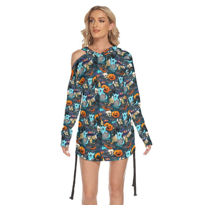 Witchy Skull All Over Print Women One Shoulder Dress With Waist Shirring, Hot Long Hoodie For Women - Wonder Skull