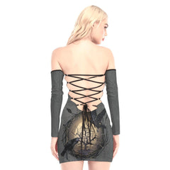 Couple Raven Off-shoulder Back Lace-up Dress - Wonder Skull