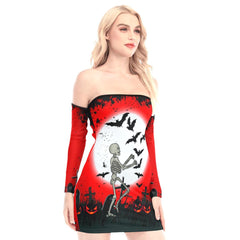 Halloween Dancing Skeleton Off-shoulder Back Lace-up Dress - Wonder Skull