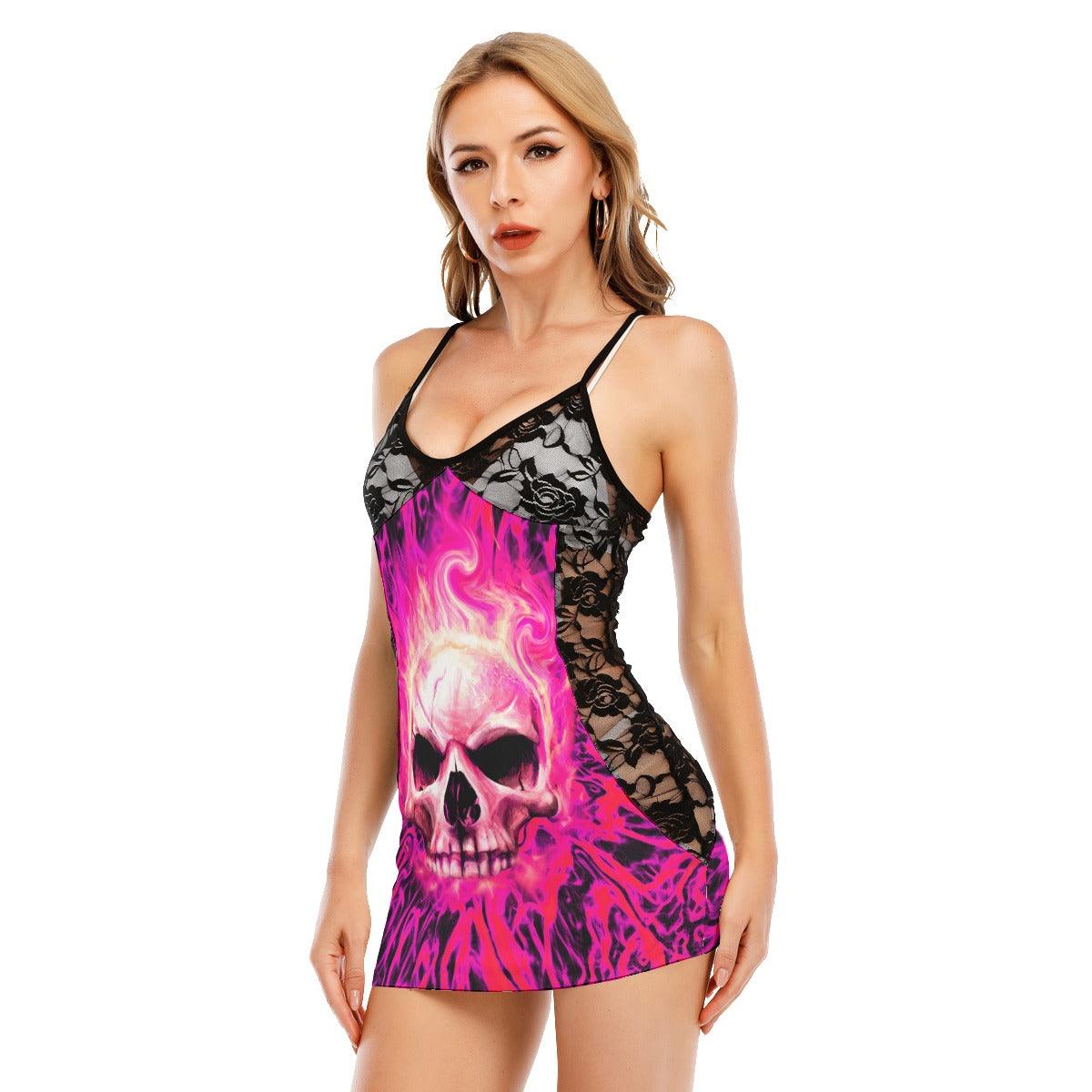 Pink Skull All-Over Print Women's Black Lace Cami Dress - Wonder Skull