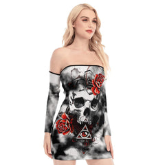 Skull Rose Red Tie Dye Off-shoulder Back Lace-up Dress - Wonder Skull