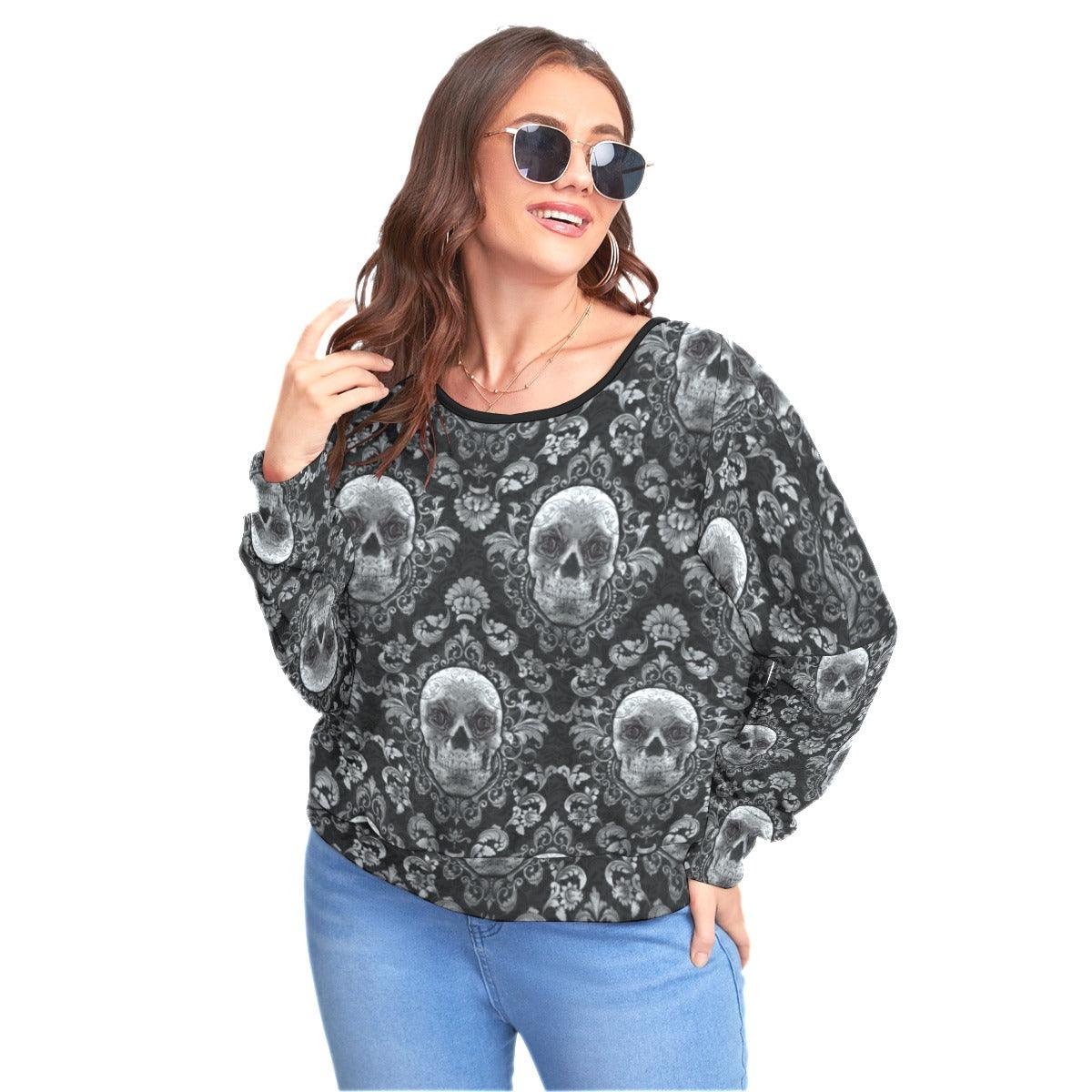 Gothic Skull Pattern Backless Sweatshirt With Bat Sleeve - Wonder Skull