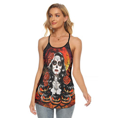 Halloween Girl Pumpkin Criss-Cross Open Back Tank Top, Hot T-Shirt For Women - Wonder Skull