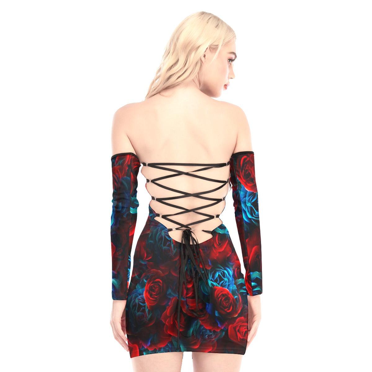 Blue And Red Roses Off-shoulder Back Lace-up Dress - Wonder Skull