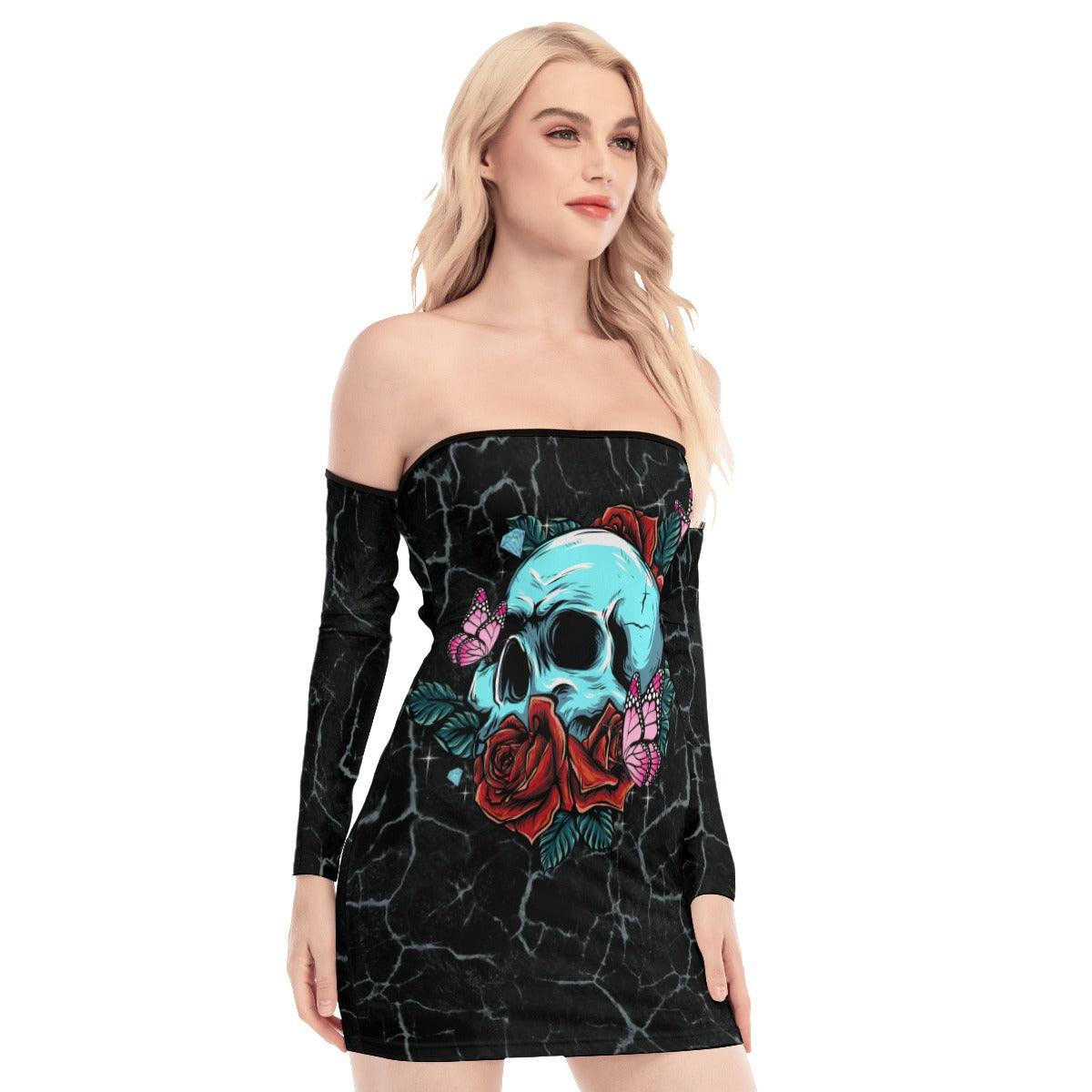Skull Rose Crack Off-shoulder Back Lace-up Dress - Wonder Skull