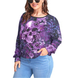 Purple Skull Flowers Backless Sweatshirt With Bat Sleeve - Wonder Skull