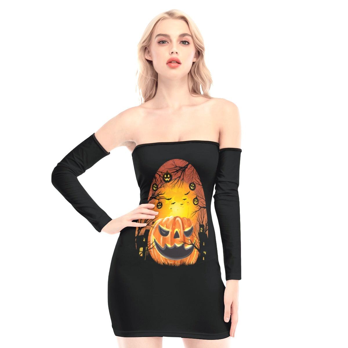 Laughing Scary Pumpkin Off-shoulder Back Lace-up Dress - Wonder Skull