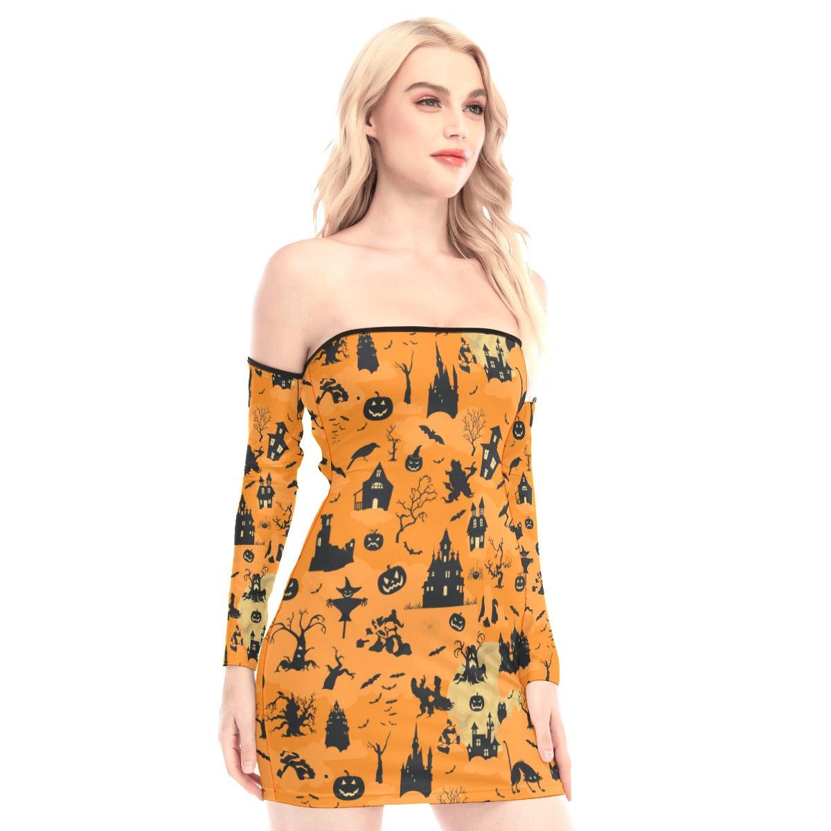 Halloween Art Off-shoulder Back Lace-up Dress - Wonder Skull