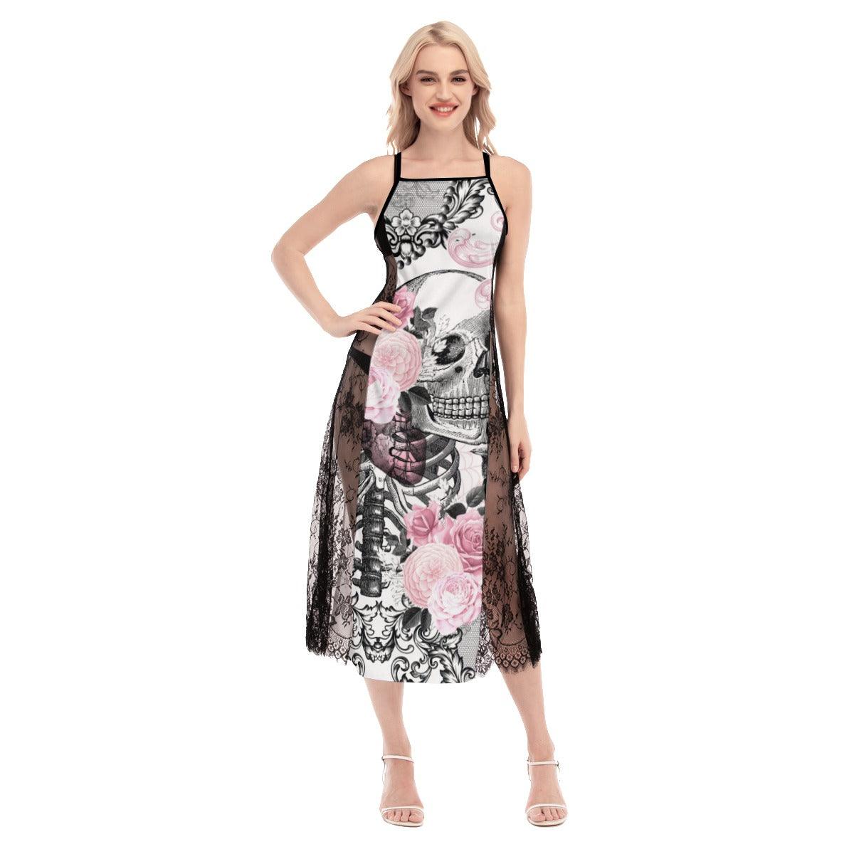 Pink Gothic Skeleton Pattern Lace Cami Cross Back Women Dress - Wonder Skull