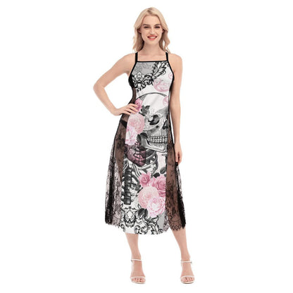 Pink Gothic Skeleton Pattern Lace Cami Cross Back Women Dress - Wonder Skull