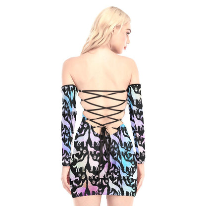 Wolf Howling Off-shoulder Back Lace-up Dress - Wonder Skull