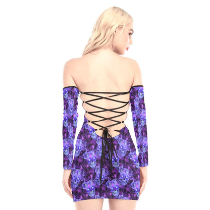 Purple Skulls Flowers Off-shoulder Back Lace-up Dress - Wonder Skull