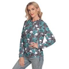 Cyan Roses And Skulls Pattern Slim Round Neck Sweatshirt - Wonder Skull