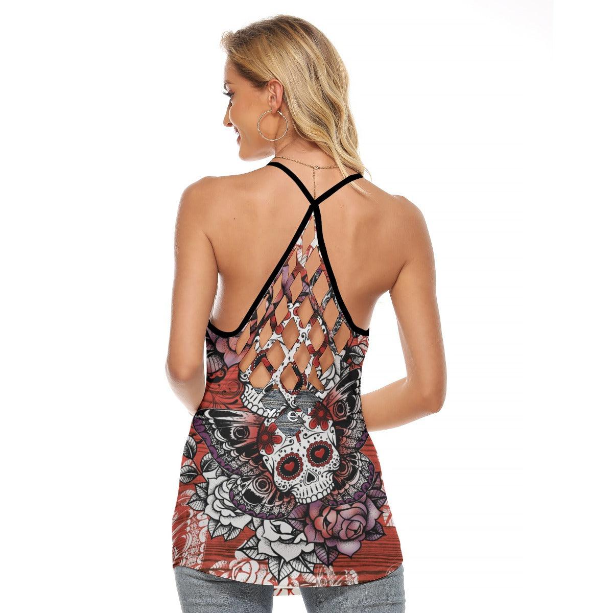 Orange Red Sugar Skull Butterfly Criss-Cross Open Back Tank Top, Coolest T-Shirt For Women - Wonder Skull