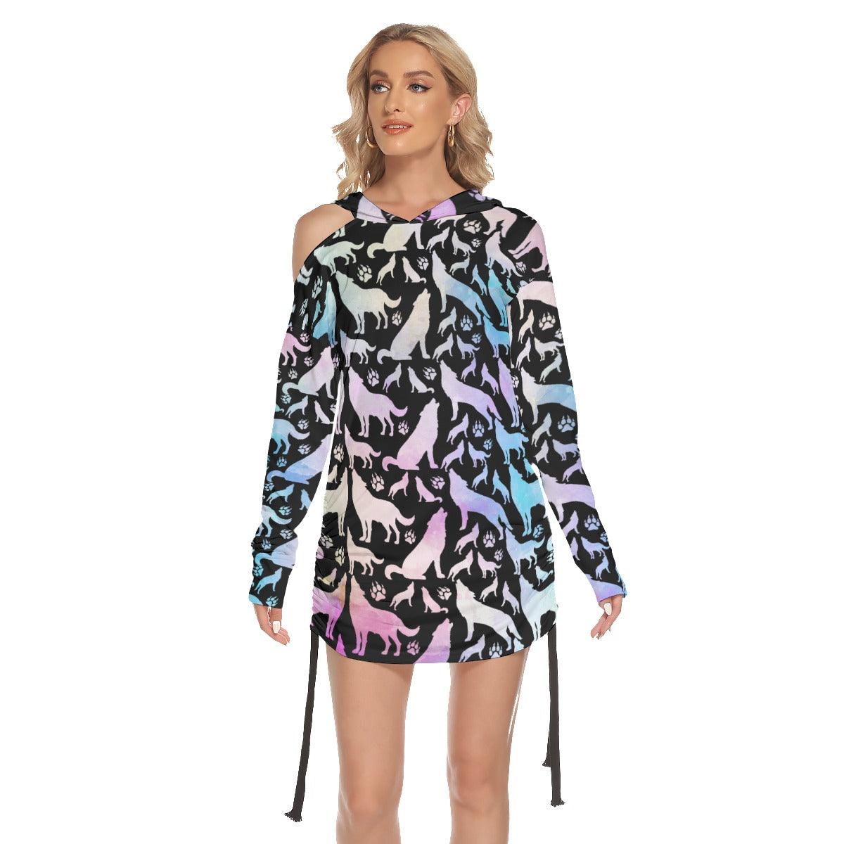 Galaxy Wolf Pattern All Over Print Women One Shoulder Dress With Waist Shirring, Long Hoodie For Women - Wonder Skull