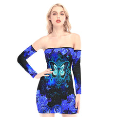 Blue Mandala Butterfly Off-shoulder Back Lace-up Dress - Wonder Skull