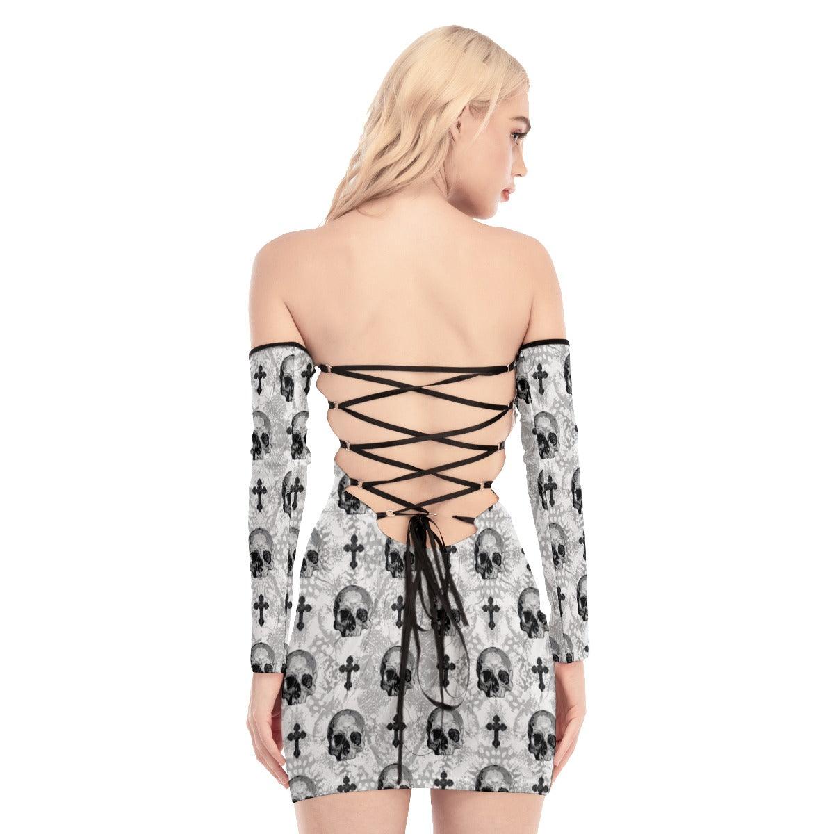 Skull Jesus Pattern Purple Off-shoulder Back Lace-up Dress - Wonder Skull