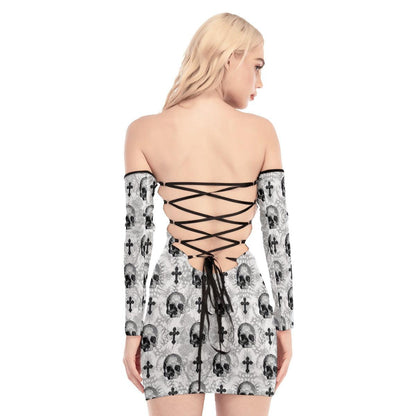 Skull Jesus Pattern Purple Off-shoulder Back Lace-up Dress - Wonder Skull
