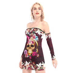 Wine Berry Flower Skull Off-shoulder Back Lace-up Dress - Wonder Skull