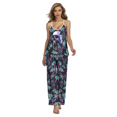 Purple Skull Floral Cami Pajamas Sets For Women Sleepwears Combo - Wonder Skull