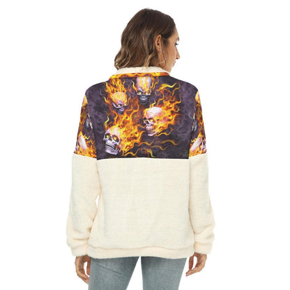Silver Skull Fire Fleece Sweatshirt With Half Zip - Wonder Skull