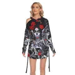 Skull Gothic Girl Rose All Over Print Women One Shoulder Dress With Waist Shirring, Hot Long Hoodie For Women - Wonder Skull