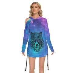 Space Galaxy Wolf All Over Print Women One Shoulder Dress With Waist Shirring, Hoodie For Women - Wonder Skull