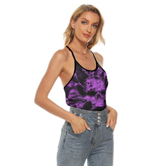 Purple Soul Skull Criss-Cross Open Back Tank Top, Coolest T-Shirt For Women - Wonder Skull