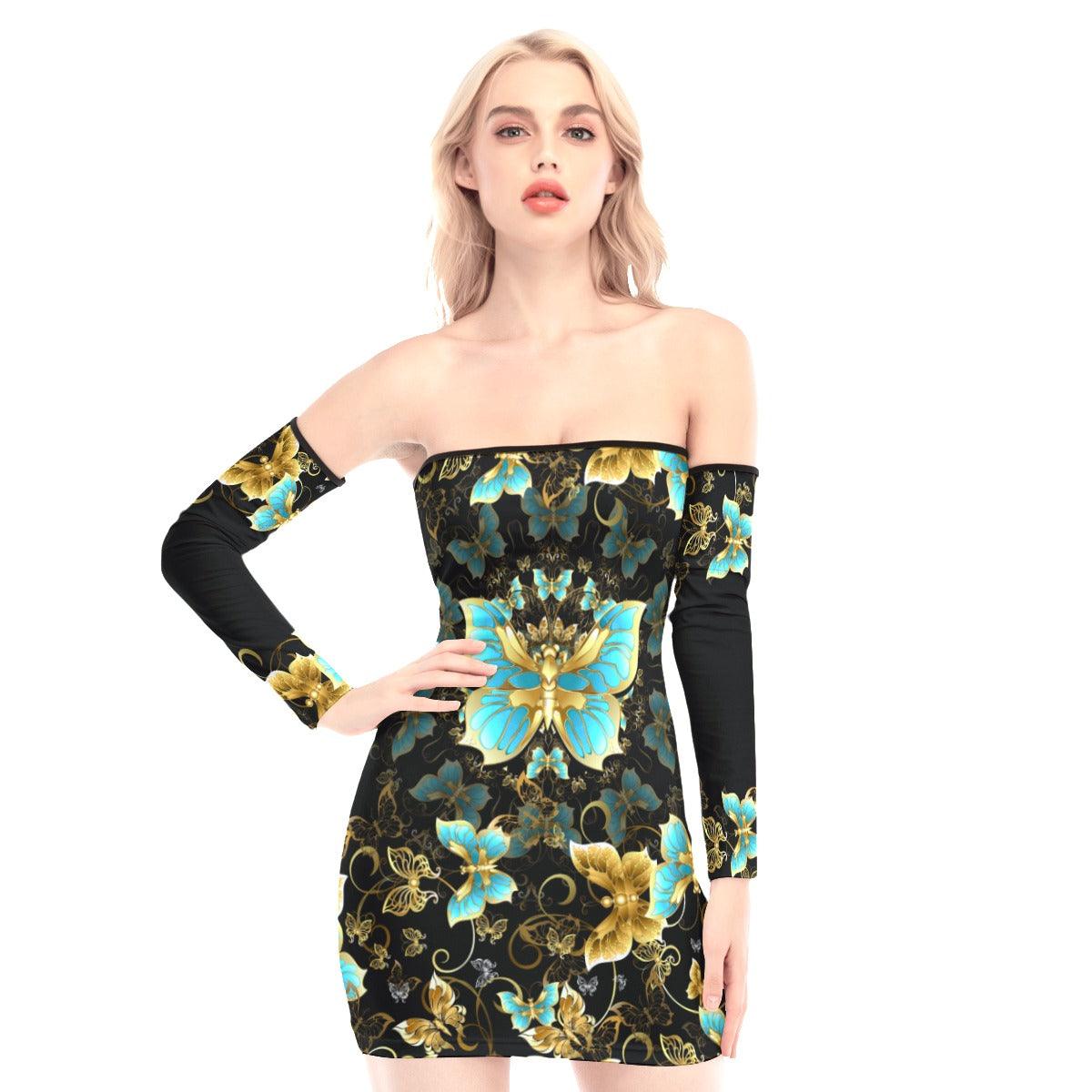 Gold Queen Butterfly Off-shoulder Back Lace-up Dress - Wonder Skull