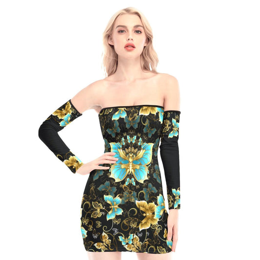 Gold Queen Butterfly Off-shoulder Back Lace-up Dress - Wonder Skull