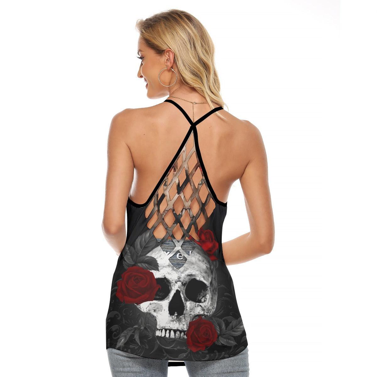 Gothic Girl Skull Rose Criss-Cross Open Back Tank Top, Coolest T-Shirt For Women - Wonder Skull