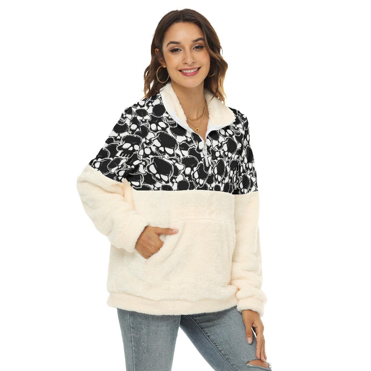 Black White Skull Borg Fleece Sweatshirt With Half Zip - Wonder Skull