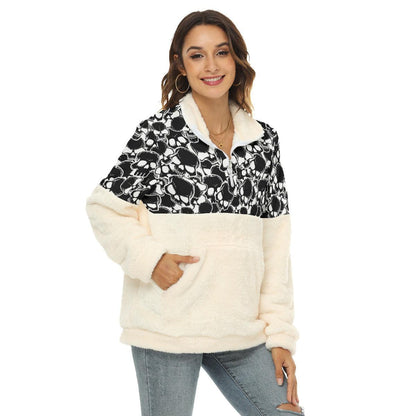 Black White Skull Borg Fleece Sweatshirt With Half Zip - Wonder Skull