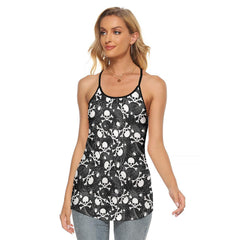 Black Skull Spider Web Criss-Cross Open Back Tank Top, Coolest T-Shirt For Women - Wonder Skull