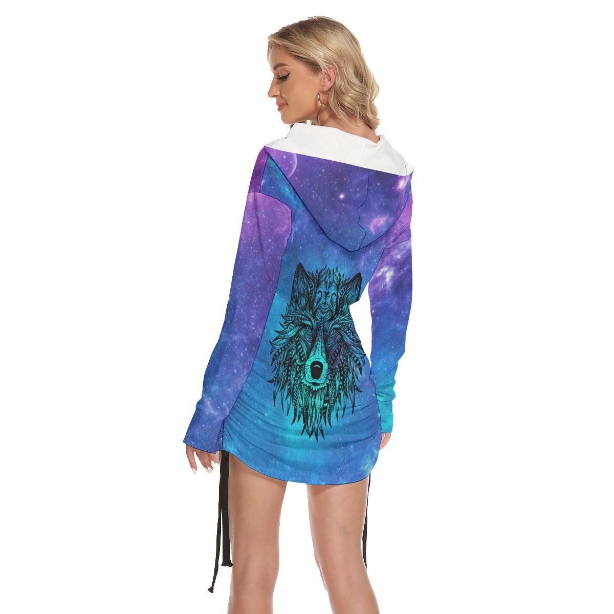 Space Galaxy Wolf All Over Print Women One Shoulder Dress With Waist Shirring, Hoodie For Women - Wonder Skull