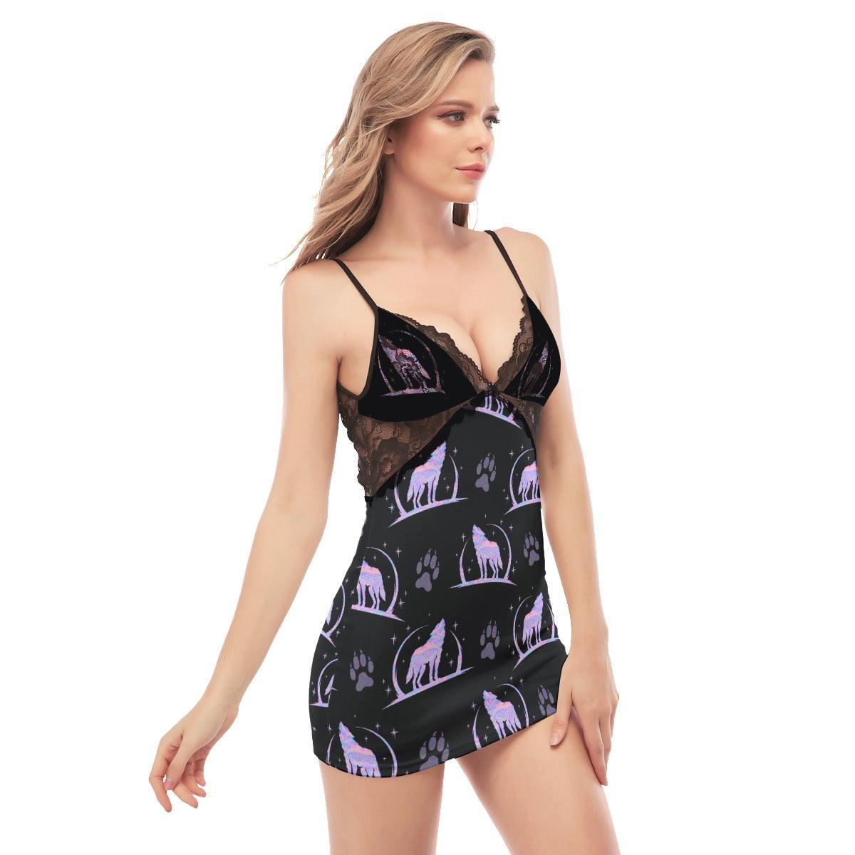 Holography Wolf Pattern Lace Chemise Nightgown - Wonder Skull