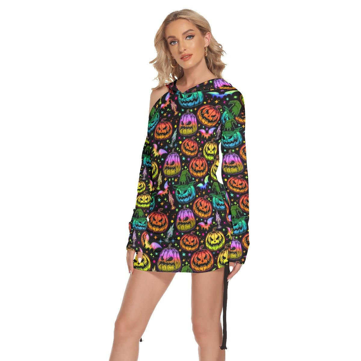 Colorful Halloween All Over Print Women One Shoulder Dress With Waist Shirring, Long Hoodie For Women - Wonder Skull