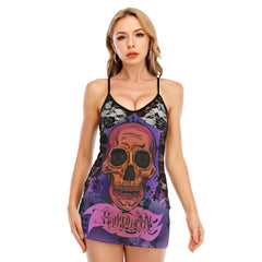 Halloween Purple & Orange Skull All-Over Print Women Black Lace Cami Dress, Hot Nightwear For Women - Wonder Skull